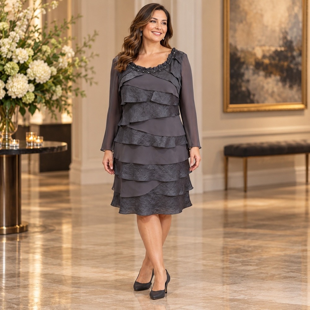 Collection Dressbarn 18 Gray Tiered Ruffle Chiffon Dress Beaded Y2K Formal Party